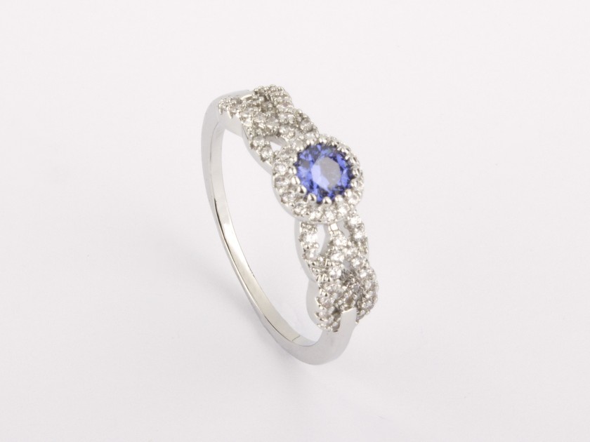 Silvery Ring set with Clear and Blue Crystals