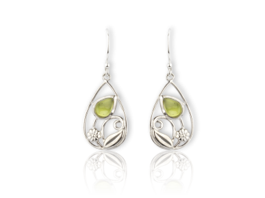 Silvery Curved Hook Earrings set with a peridot stone