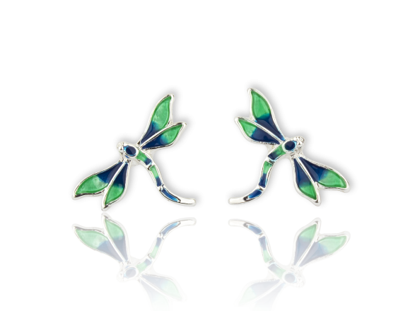 Green and Blue Enamelled Dragonfly-shaped Earrings