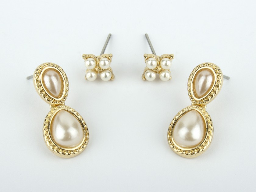 Two pairs of Golden Earrings set with Faux Pearls