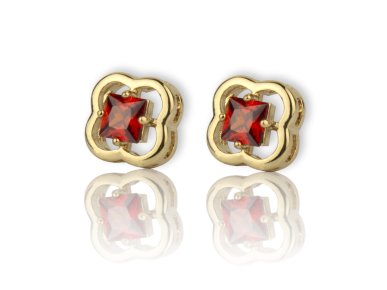 Pendientes con forma de cuadrilóbulo dorados y engastados con un cristal rojo