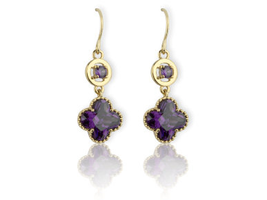 Golden Quatrefoil-shaped Drop Earrings set with Purple Crystals