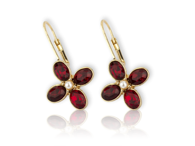 Golden leverback Earrings set with Red Crystals and Faux Pearls