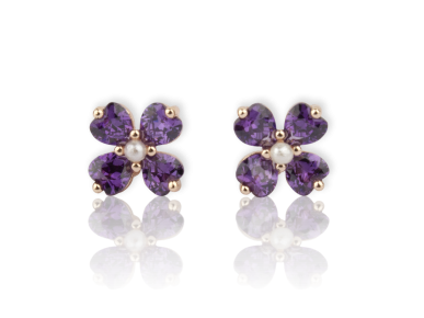 Flower-shaped Earrings set with Purple Crystals and Faux pearls