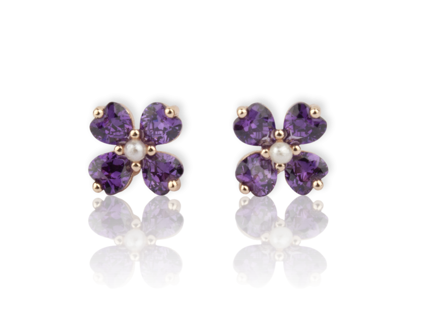 Flower-shaped Earrings set with Purple Crystals and Faux pearls