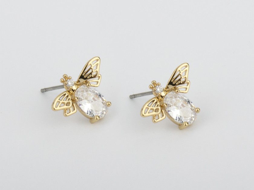 Golden Bee-shaped Stud Earrings set with Clear Crystals