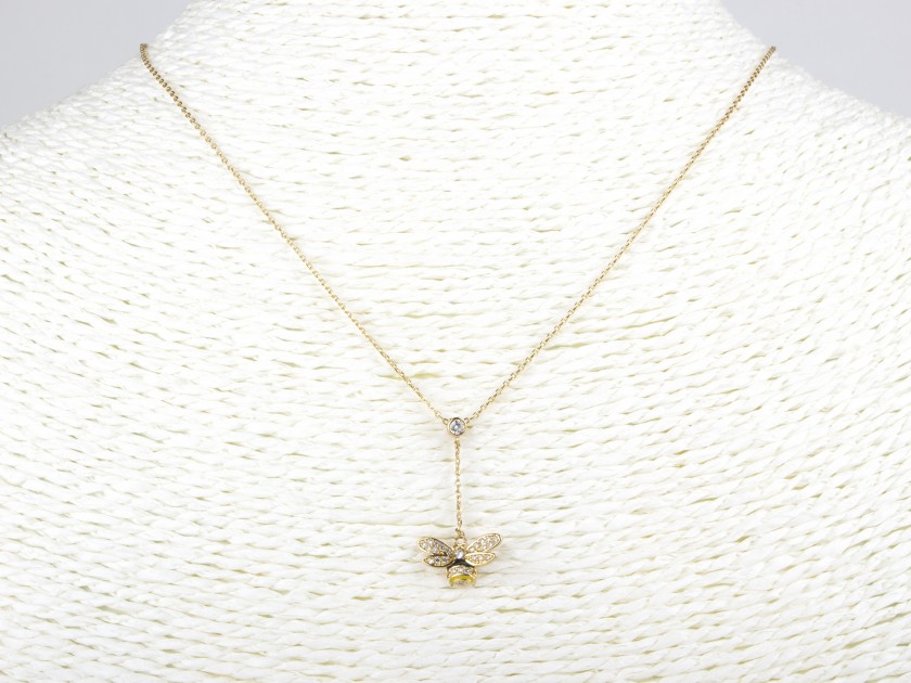 Golden Enamelled Bee-shaped Necklace set with Clear Crystals