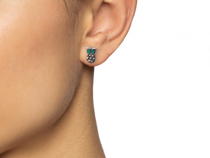 Silvery Owl-shaped Stud Earrings set with Green Crystals
