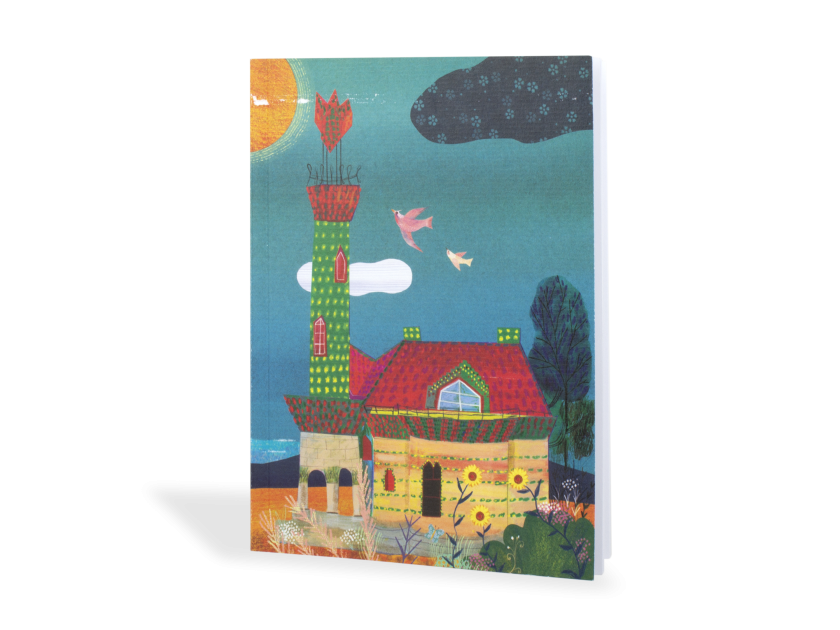 couverture d'un cahier montrant un dessin enfantin du Capricho de Gaudí
