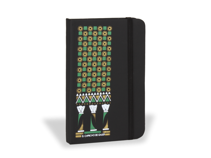 notebook with a black cover and an oriental motif and the Capricho de Gaudí logo printed