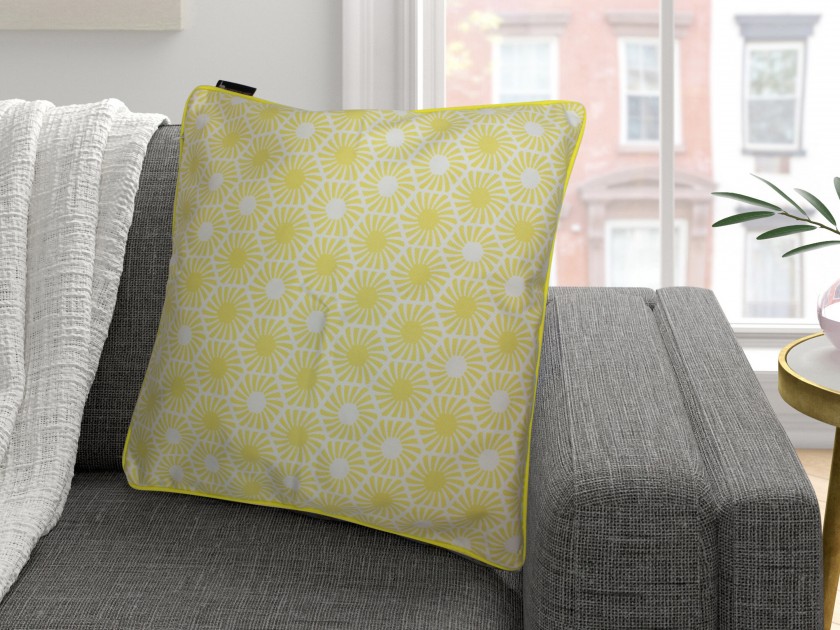 yellow cushion cover with hexagonal pattern