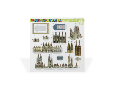 Recto of a card containing the parts to be cut out to build a mini model of the Sagrada Família