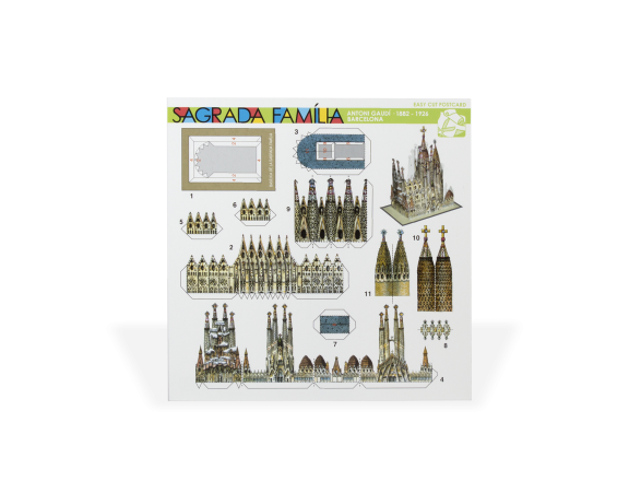 Anverso de una tarjeta que contiene las piezas a recortar para construir una mini maqueta de la Sagrada Familia