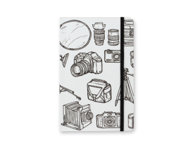 carnet posé debout avec une couverture illustré avec plusieurs appareils de photographie