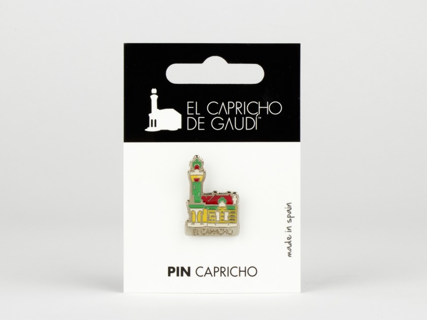 metal pin representing El Capricho de Gaudí seen from the front and back