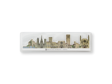 Die-cut bookmark showing the Romanesque and Gothic monuments of Barcelona in its plastic case