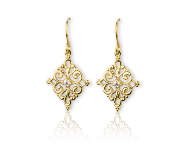 Boucles d'oreille dorées en forme de losanges et d'entrelacs serties d'un cristal transparent