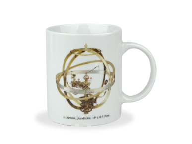 white mug with a planetary image printed on it