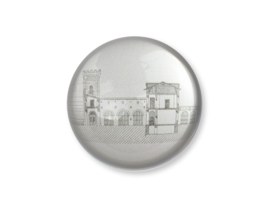 glass paperweight seen from above with a sketch of the former Saint-Michel prison in Toulouse