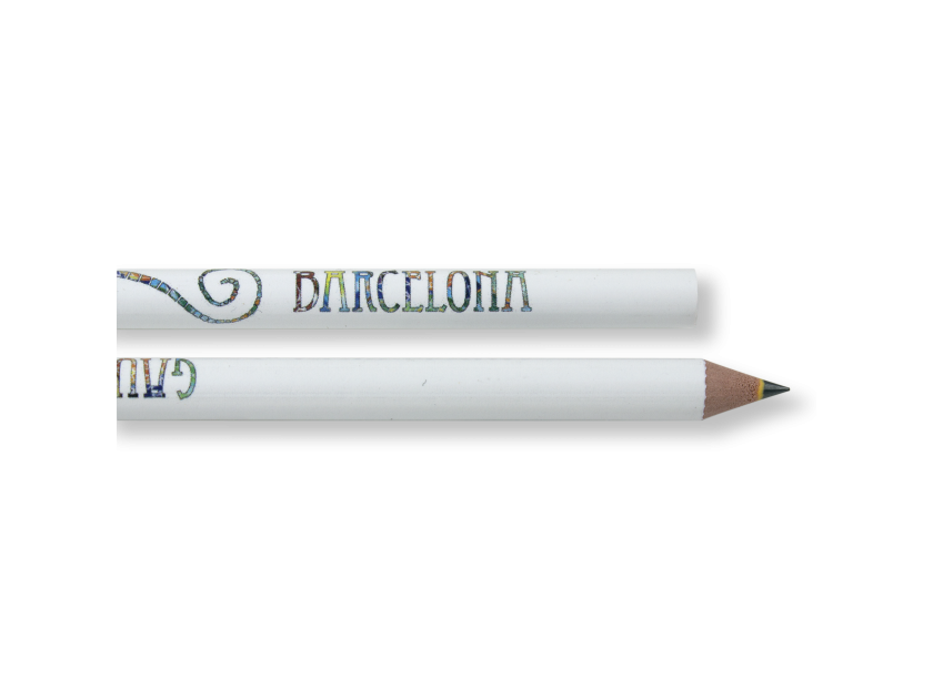 Dos lápices ilustrados con el nombre de la ciudad de Barcelona en mosaico sobre fondo blanco