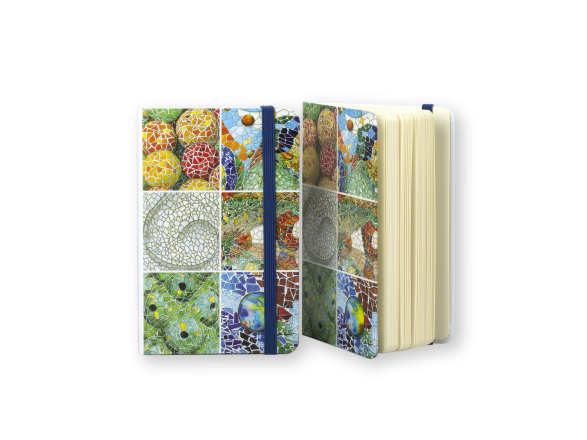 two illustrated notebooks with mosaics of Gaudí's monuments