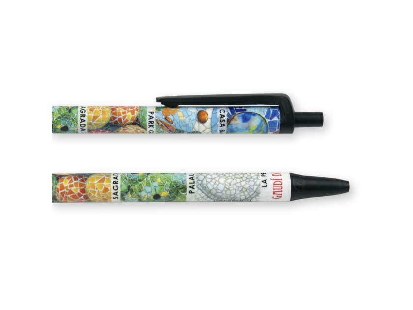 Two pens illustrated with the mosaics of Gaudí's monuments