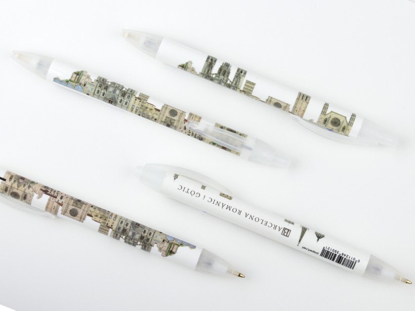 Two pens illustrated with the Romanesque and Gothic monuments of Barcelona