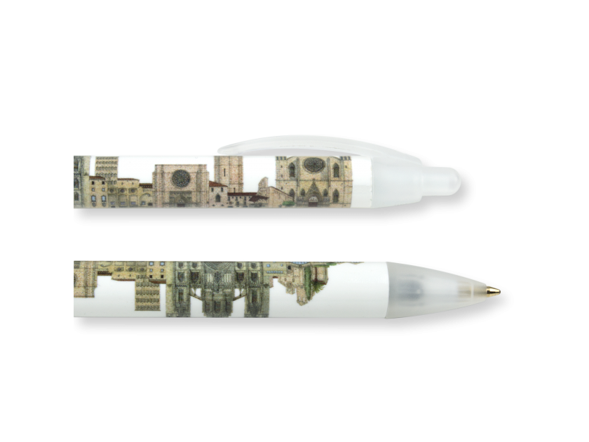 Two pens illustrated with the Romanesque and Gothic monuments of Barcelona