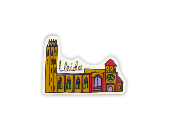 wooden magnet representing a drawing of the cathedral of lleida in colour