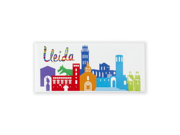 rectangular magnet showing a skyline of Lleida's monuments in colour