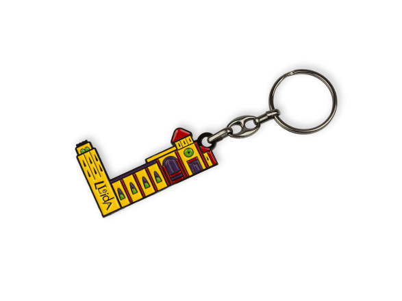 enamelled metal keyring featuring Lleida Cathedral in colour