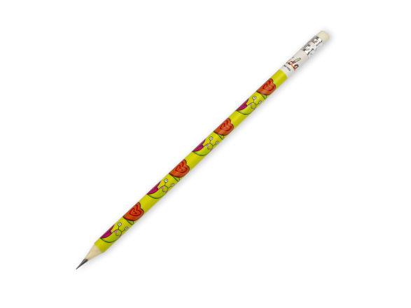 pencil with an eraser on top and decorated with several drawings of snails