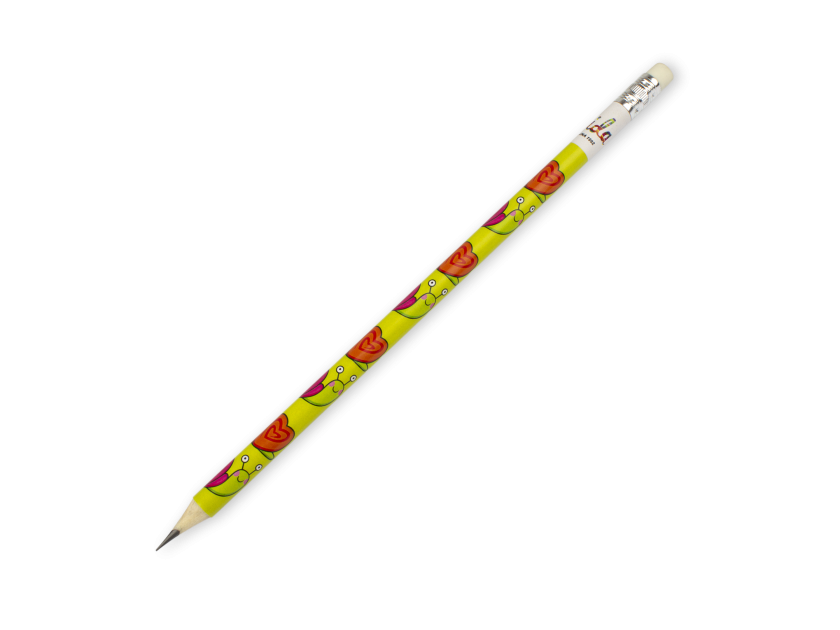 llapis amb una goma d'esborrar a la punta i decorat amb diversos dibuixos de cargols