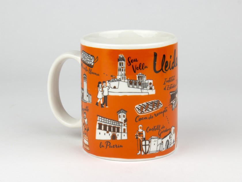 orange ceramic mug with several symbols of Lleida printed on it