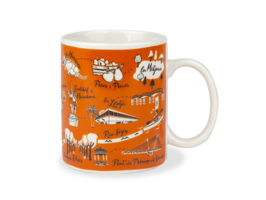 orange ceramic mug with several symbols of Lleida printed on it