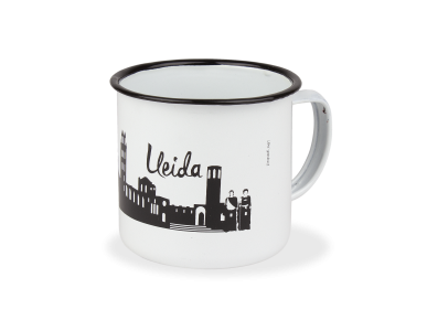 metal mug with a skyline of the monuments of Lleida in black on a white background
