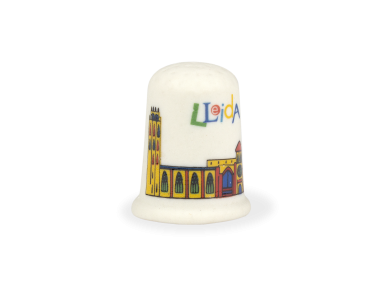 ceramic thimble with a colourful design of the Lleida cathedral printed on it