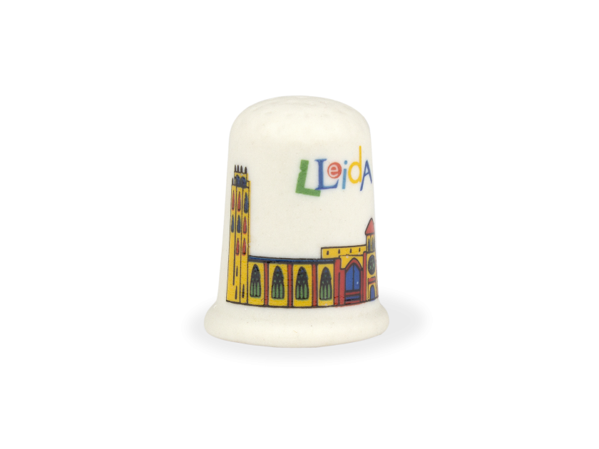 Dedal de cerámica con un colorido diseño de la catedral de Lleida impreso
