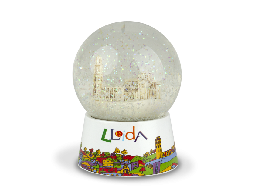 snow globe with a replica of Lleida Cathedral inside