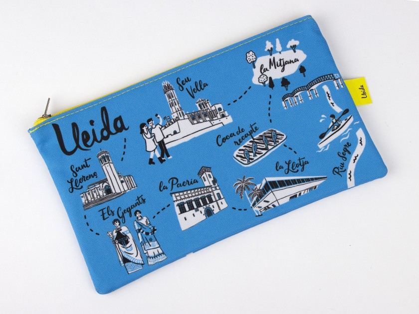 blue pencil case with different symbols of Lleida printed on it