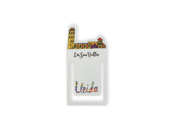 metal clip bookmark with a colourful drawing of the Lleida cathedral