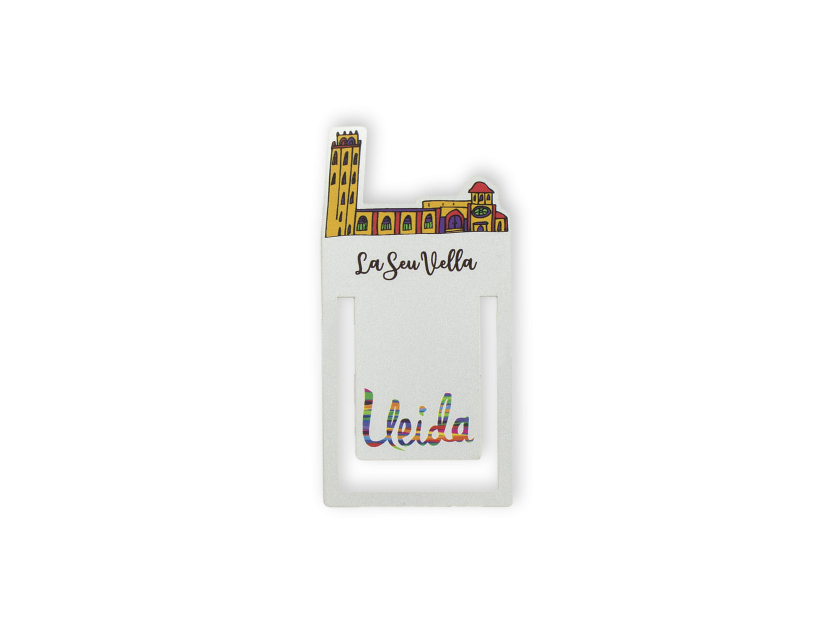 Marcapáginas clip metálico con un colorido dibujo de la Catedral de Lleida