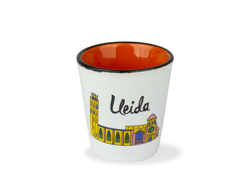 vaso de cerámica con un colorido diseño de la catedral de Lleida impreso