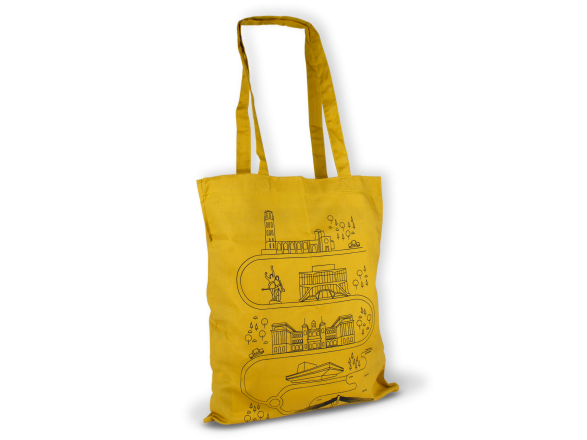 tote bag couleur moutarde avec plusieurs symboles de la ville de Lleida imprimés dessus