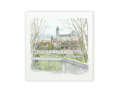 aquarelle représentant une vue sur la cathédrale de Lleida