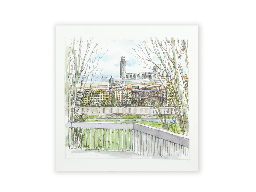 watercolour of a view of Lleida cathedral