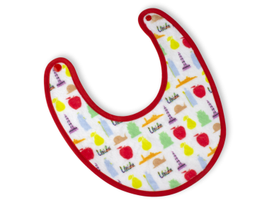 baby bib with different symbols of Catalan culture printed on it