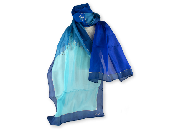silk scarf painted in blue tones