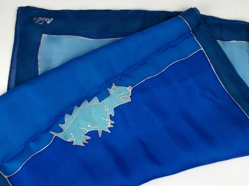 fulard de seda pintat en tons blaus