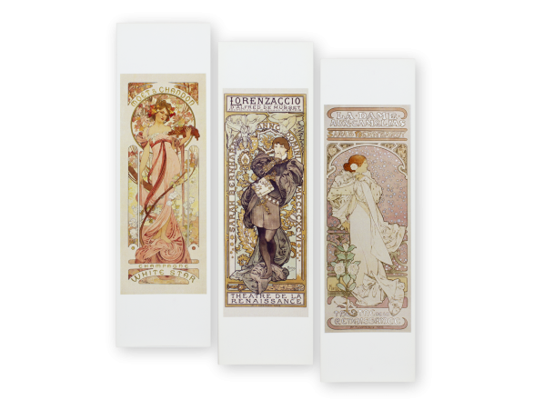 three bookmarks reproducing posters by Alphonse Mucha